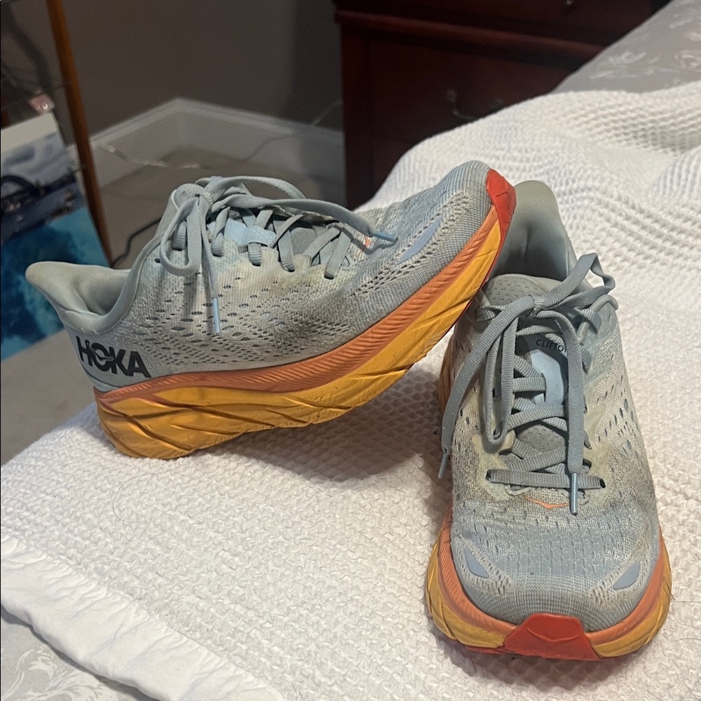 Hoka Women Clifton8 Size 8.5 in Sky Blue and Fiery Orange